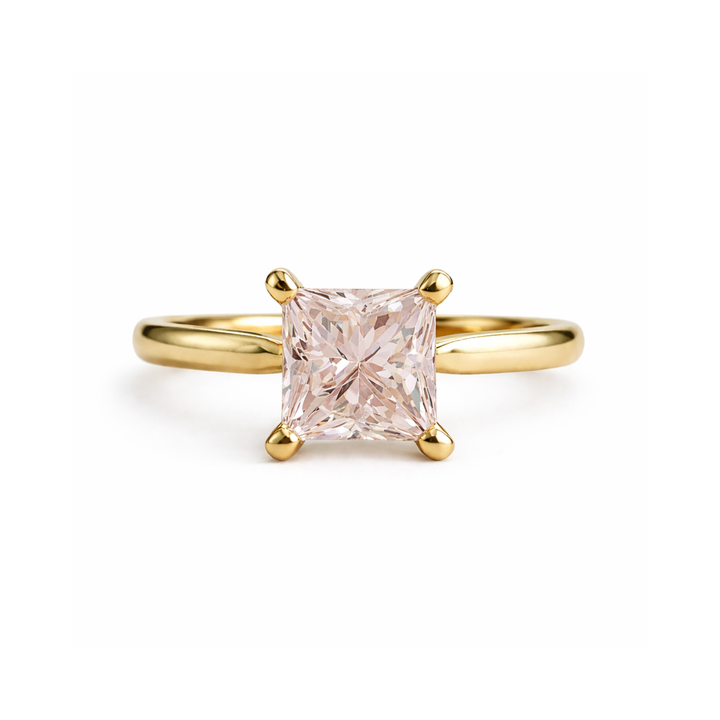 Princess Cut Peach Morganite Engagement Ring In Yellow Gold Solitaire Setting | Rare Earth Jewelry