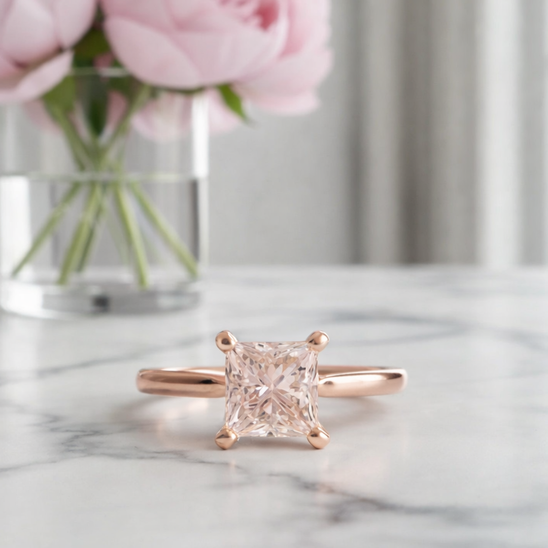 Natural Morganite Princess Cut Solitaire Engagement Ring in Rose Gold, Square Pink Gemstone Ring | Rare Earth Jewelry