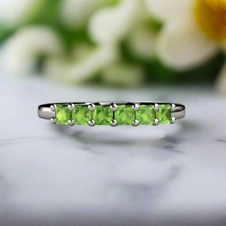 Princess Cut Peridot Anniversary Band, August Birthstone Ring, Gold or Platinum | Rare Earth Jewelry
