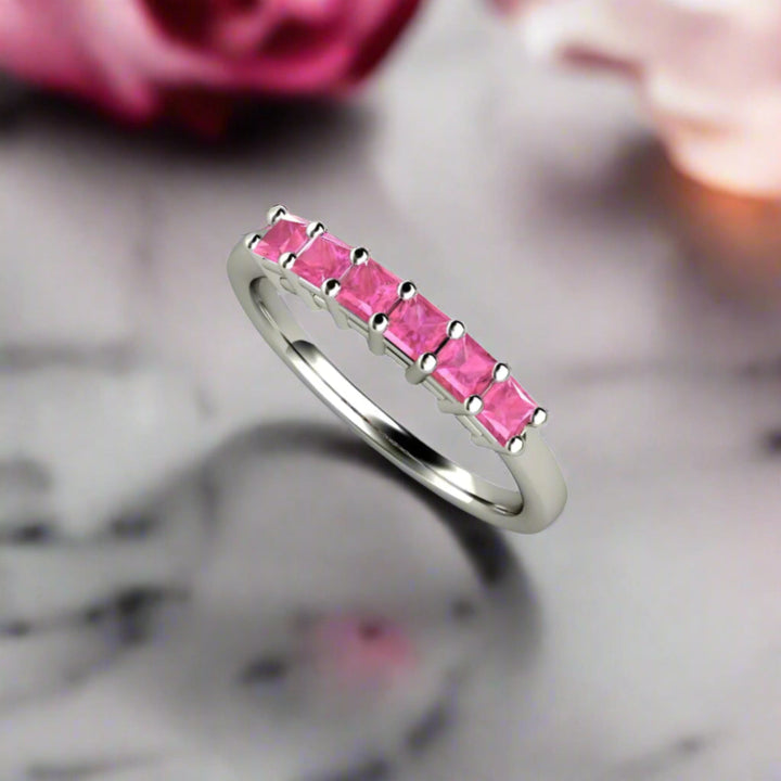 Princess Cut Pink Sapphire Band, Pink Stone Anniversary Band or Stackable Ring, 14K or 18K Gold or Platinum | Rare Earth Jewelry
