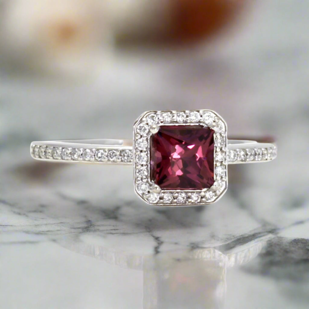 Princess Cut Rhodolite Garnet Ring, Red Stone Engagement Ring, Square Diamond Halo, January Birthstone, 14K or 18K Gold and Platinum | Rare Earth Jewelry
