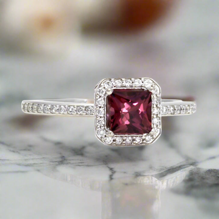 Princess Cut Rhodolite Garnet Ring, Red Stone Engagement Ring, Square Diamond Halo, January Birthstone, 14K or 18K Gold and Platinum | Rare Earth Jewelry