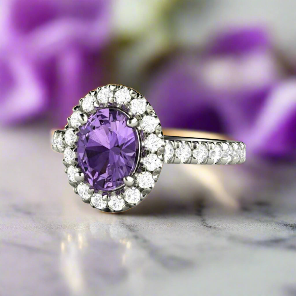 Oval Purple Sapphire Engagement Ring, Pave Diamond Halo Cathedral Setting in Gold or Platinum | Rare Earth Jewelry