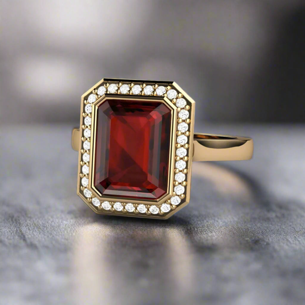 Red Garnet Engagement Ring | Bezel Set Emerald Cut with Diamond Halo