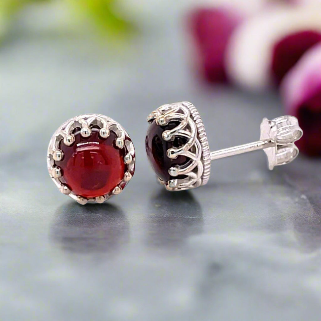 Round Red Garnet Stud Earrings in 14K Gold Crown Settings, Mozambique Garnet Cabochon Earrings | Rare Earth Jewelry