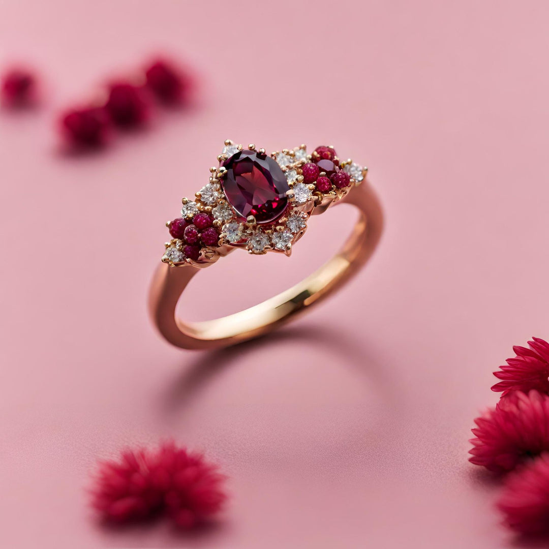 A natural Rhodolite Garnet and Diamond Cluster ring, an oval Garnet with diamond accents in rose gold from Rare Earth Jewelry.