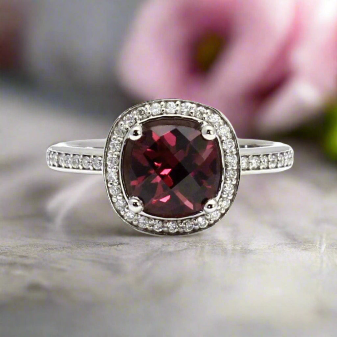 Natural Rhodolite Garnet Ring with Diamond Accents, Cushion Cut Garnet Engagement Ring, Diamond Halo in 14K or 18K Gold or Platinum | Rare Earth Jewelry