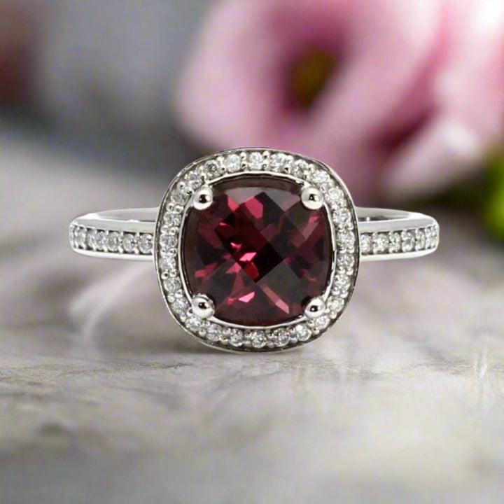 Natural Rhodolite Garnet Ring with Diamond Accents, Cushion Cut Garnet Engagement Ring, Diamond Halo in 14K or 18K Gold or Platinum | Rare Earth Jewelry