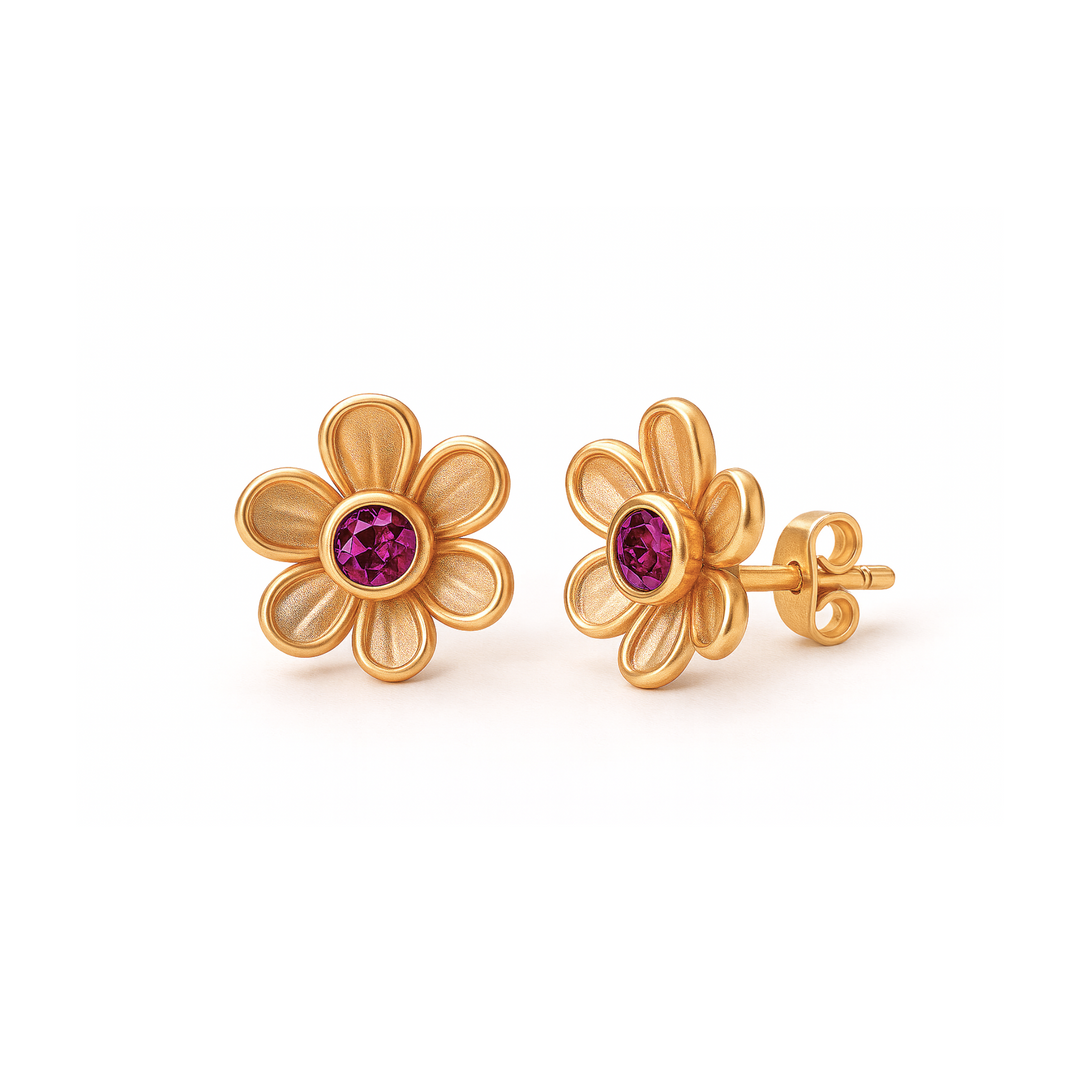 Natural Rhodolite Garnet Stud Earrings in a Dainty Flower Shaped Design, January Birthstone Earrings in a 14K or 18K Gold Floral Design | Rare Earth Jewelry