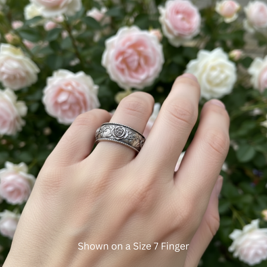 Rose Floral Engraved Wedding Band | 8mm Botanical Flower Ring in 14K Gold