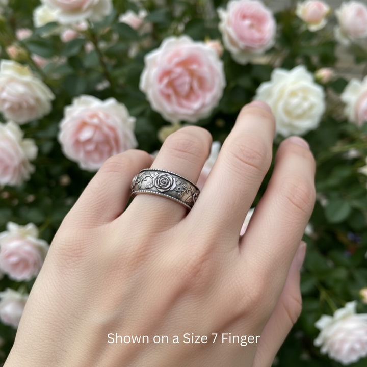 Rose Floral Engraved Wedding Band | 8mm Botanical Flower Ring in 14K Gold