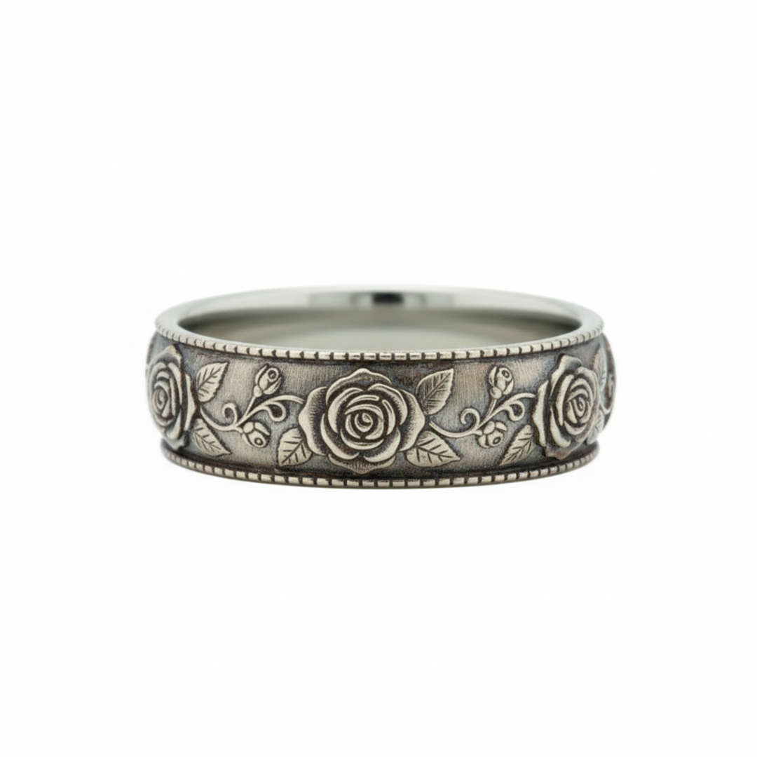 Rose Floral Engraved Wedding Band with a Vintage Inspired Botanical Design of Roses, Buds and Leaves, shown in 14K White Gold with an Antique Patina Finish. | Rare Earth Jewelry