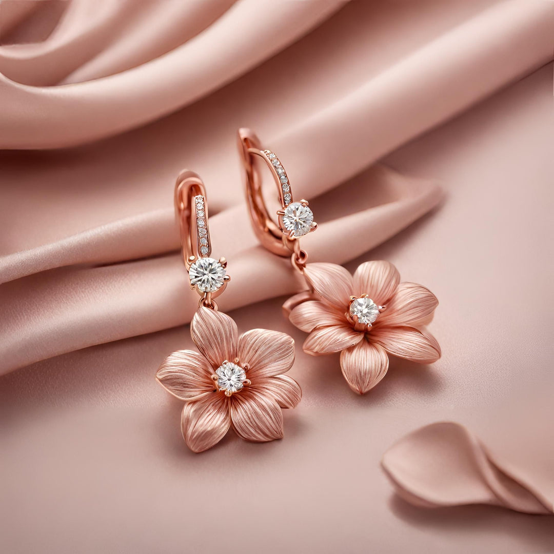 Rose Gold flower earrings leverback dangle settings with diamonds from Rare Earth Jewelry.