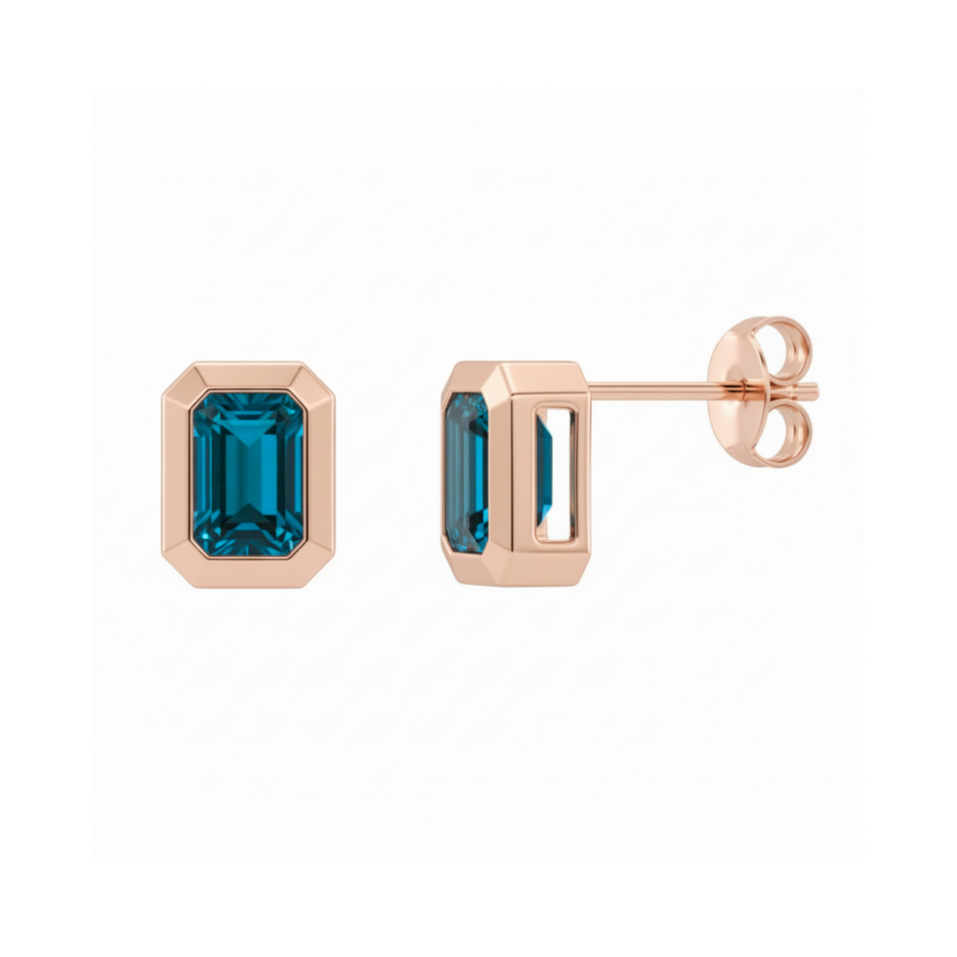 London Blue Topaz stud earrings in rose gold bezel setting, elegant natural blue gemstone earrings | Rare Earth Jewelry