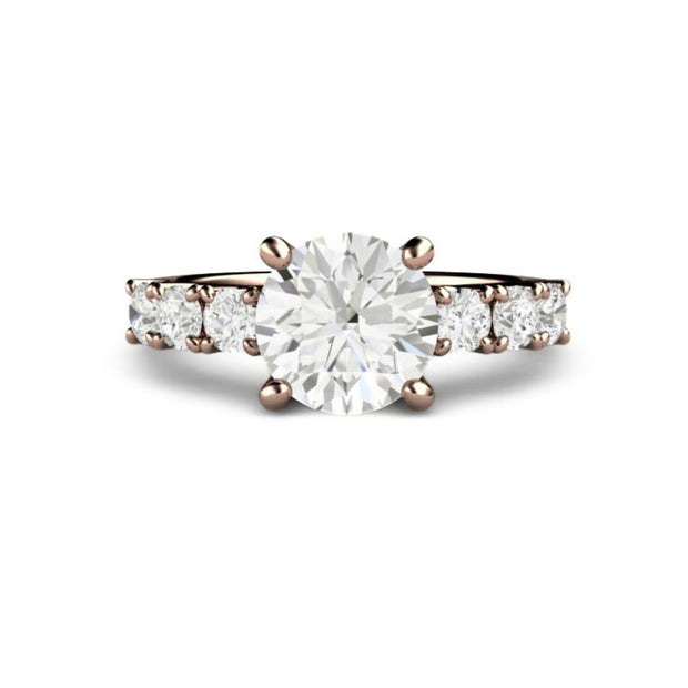 Colorless Moissanite engagement ring, solitaire with accents in rose gold.