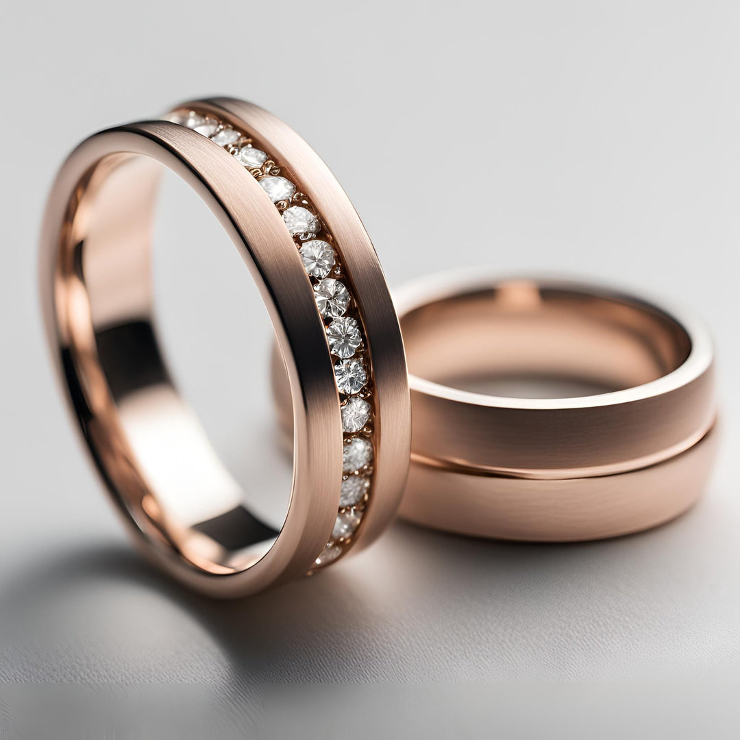 A pair of rose gold wedding bands with a grooved design in the center, one with diamonds, both with satin and high polish finish from Rare Earth Jewelry. 