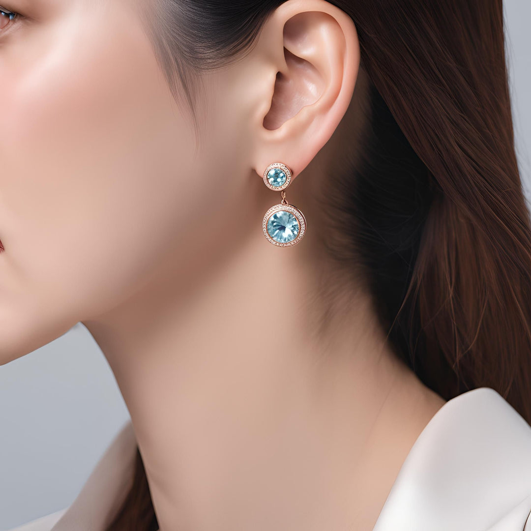 Two stone Aquamarine earrings, round bezel set studs with diamonds post earrings in rose gold from Rare Earth Jewelry.