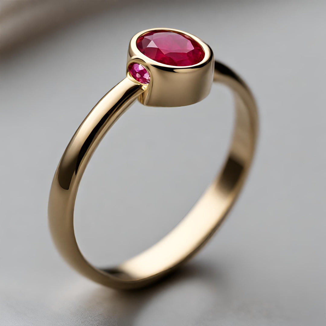 A round bezel set ruby engagement ring with a peak at the gemstone from the side from Rare Earth Jewelry.