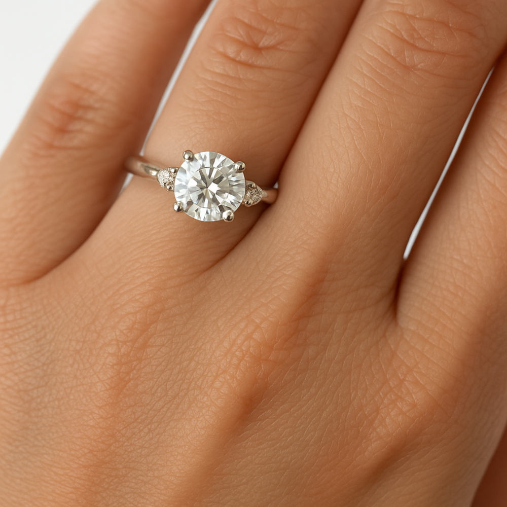 Round Lab Grown Diamond Engagement Ring, 1 Carat Three Stone Lab Diamond Ring on Hand | Rare Earth Jewelry