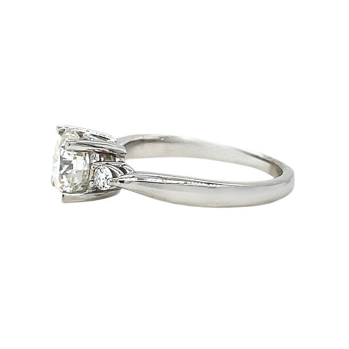 Side view of the 1ct round lab grown diamond engagement ring, 3 stone lab created diamond ring | Rare Earth Jewelry