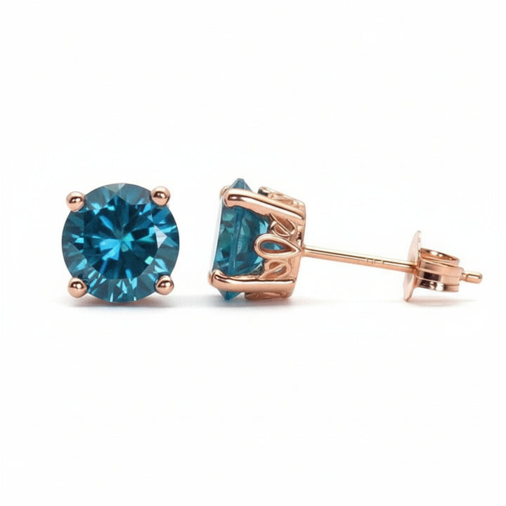 Round London Blue Topaz Stud Earrings 14K Rose Gold December Birthstone Jewelry | Rare Earth Jewelry