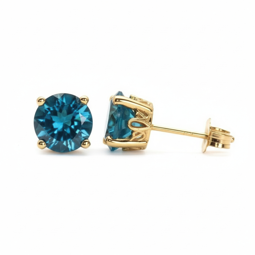 Round London Blue Topaz Stud Earrings 14K Yellow Gold December Birthstone Jewelry | Rare Earth Jewelry