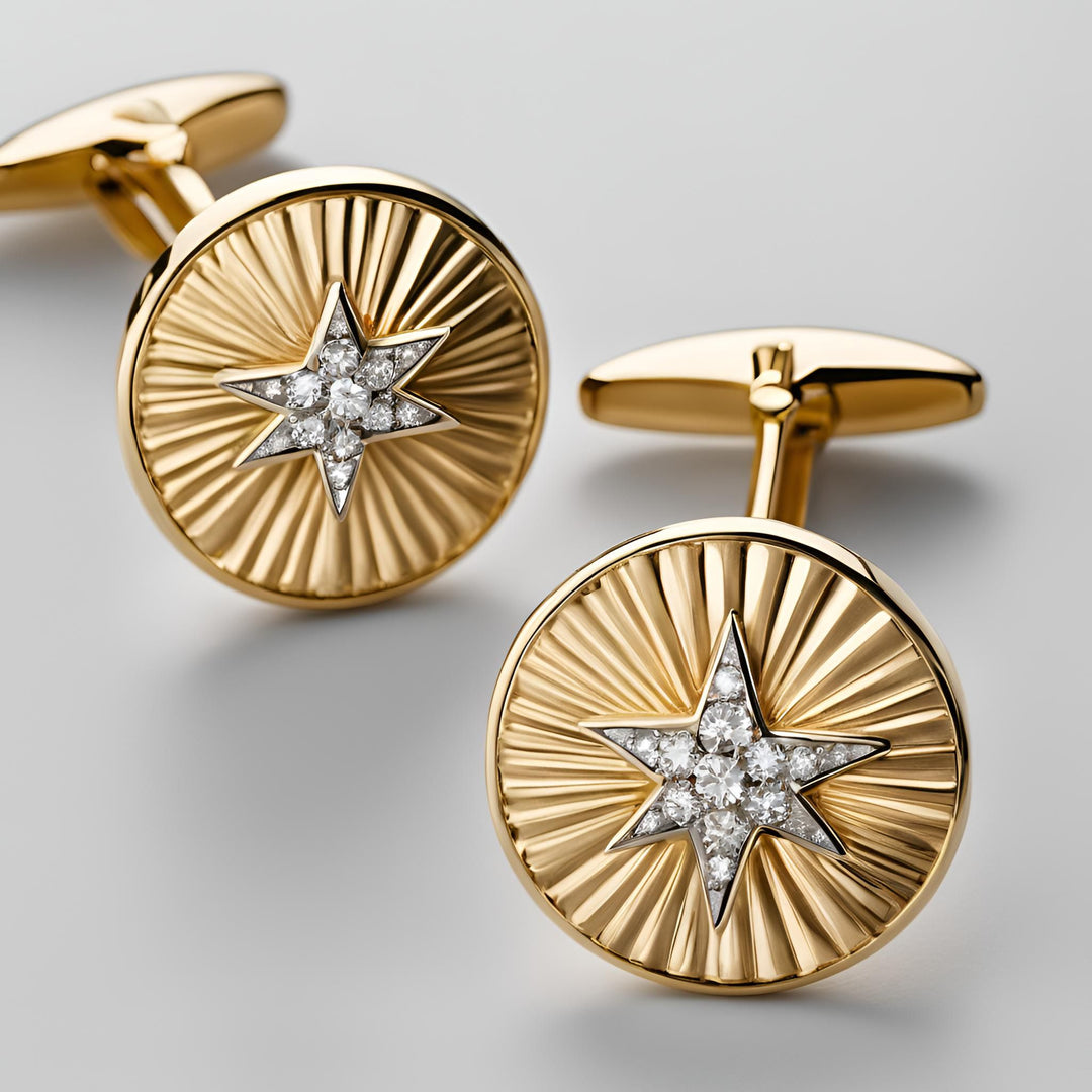 14K Gold Men's round cufflinks with diamonds in a modern sun and star design cuff links from Rare Earth Jewelry.