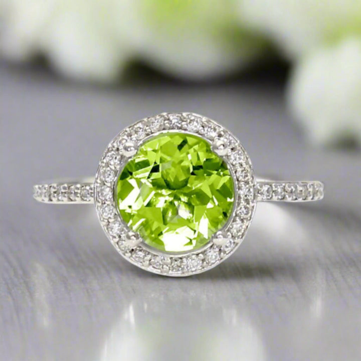 Natural Peridot Ring, Round Diamond Halo, August Birthstone Ring | Rare Earth Jewelry