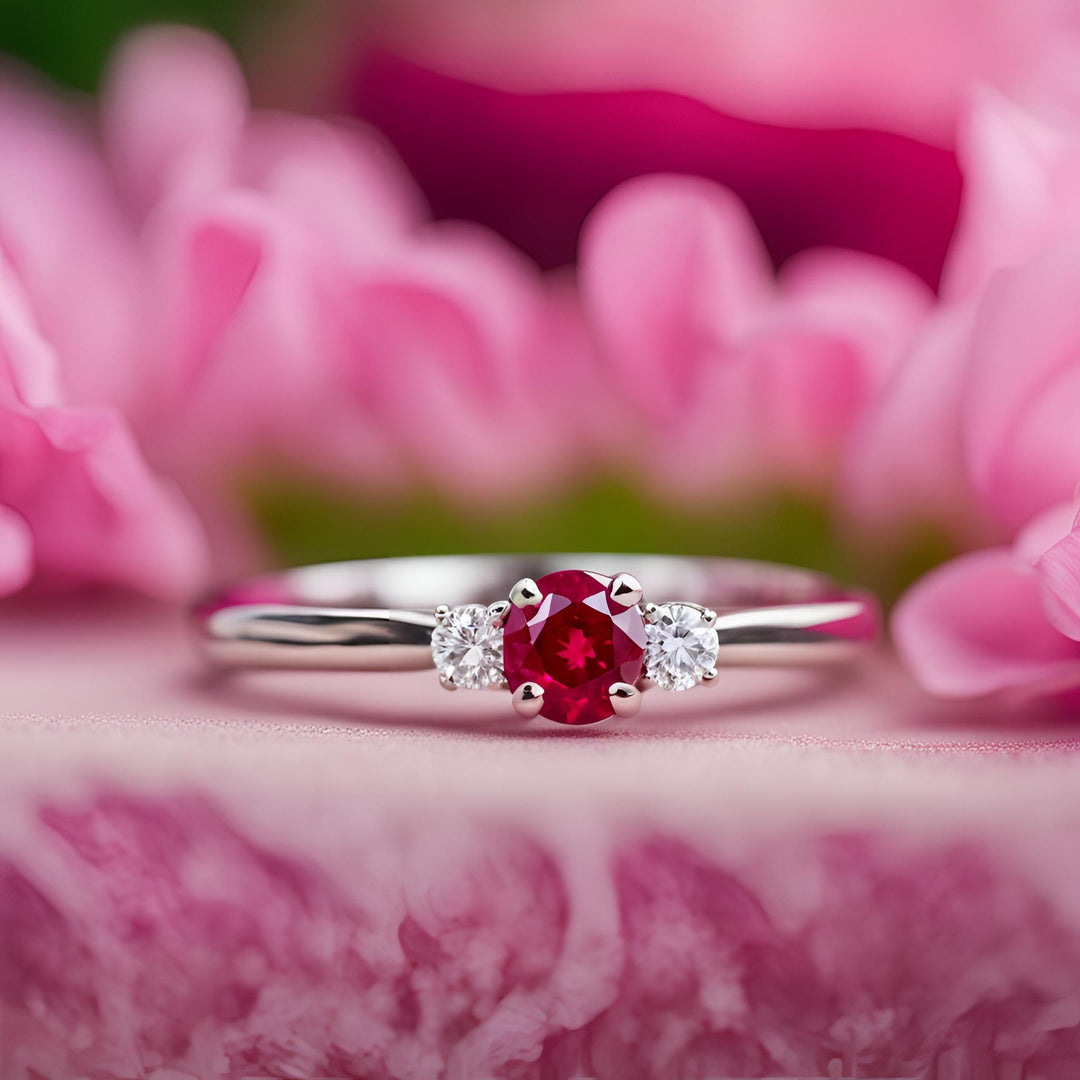 A small round ruby engagement ring with diamonds in a classic 3 stone style from Rare Earth Jewelry.