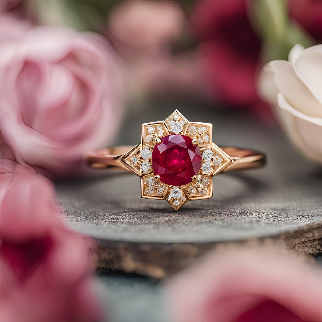 A round Ruby engagement ring with a vintage inspired star-shaped diamond halo design from Rare Earth Jewelry.