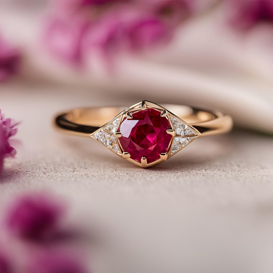 A round ruby engagement ring with diamonds in a modern twist on Art Deco design from Rare Earth Jewelry.