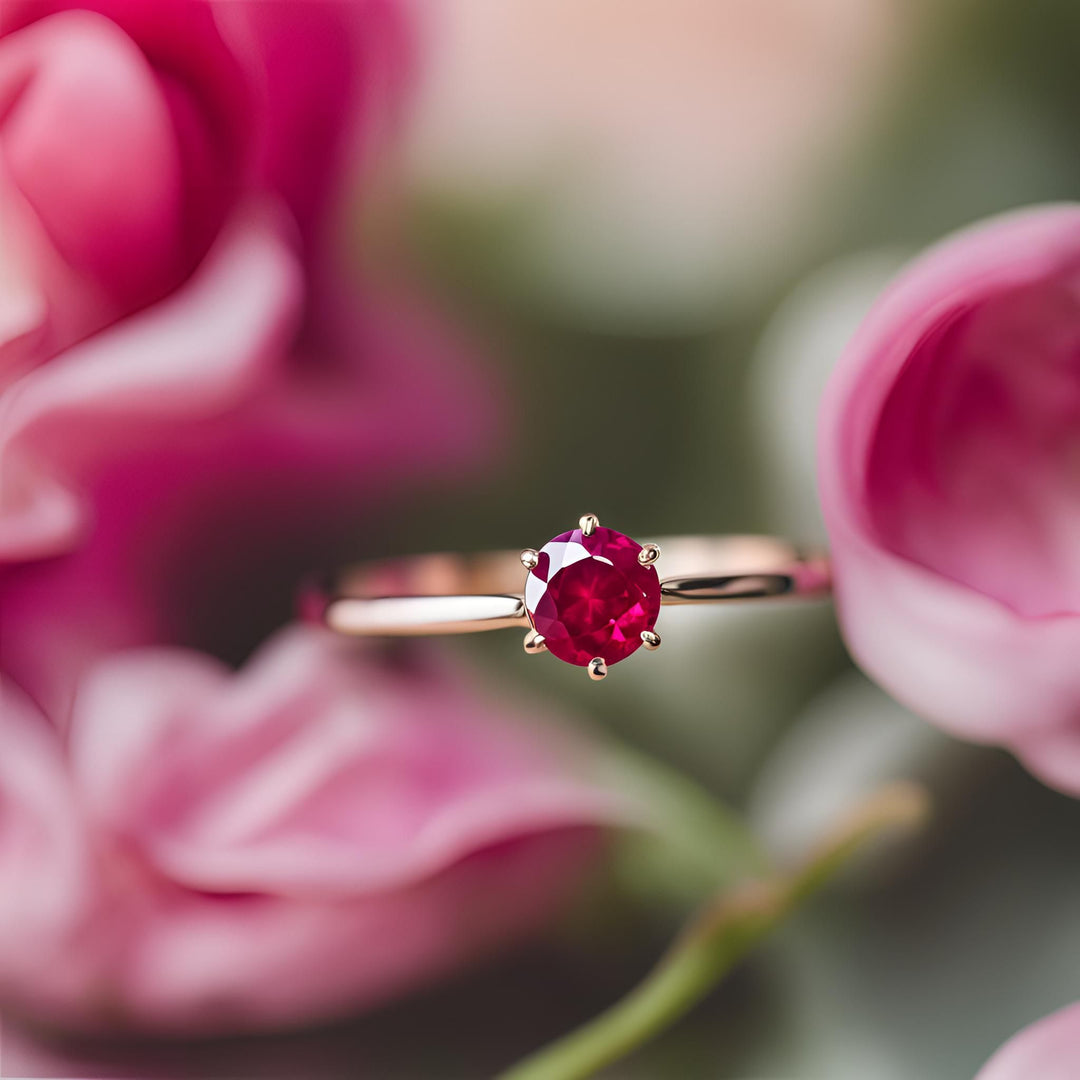 A round ruby engagement ring in a simple 6 prong solitaire setting in 18K Gold from Rare Earth Jewelry.