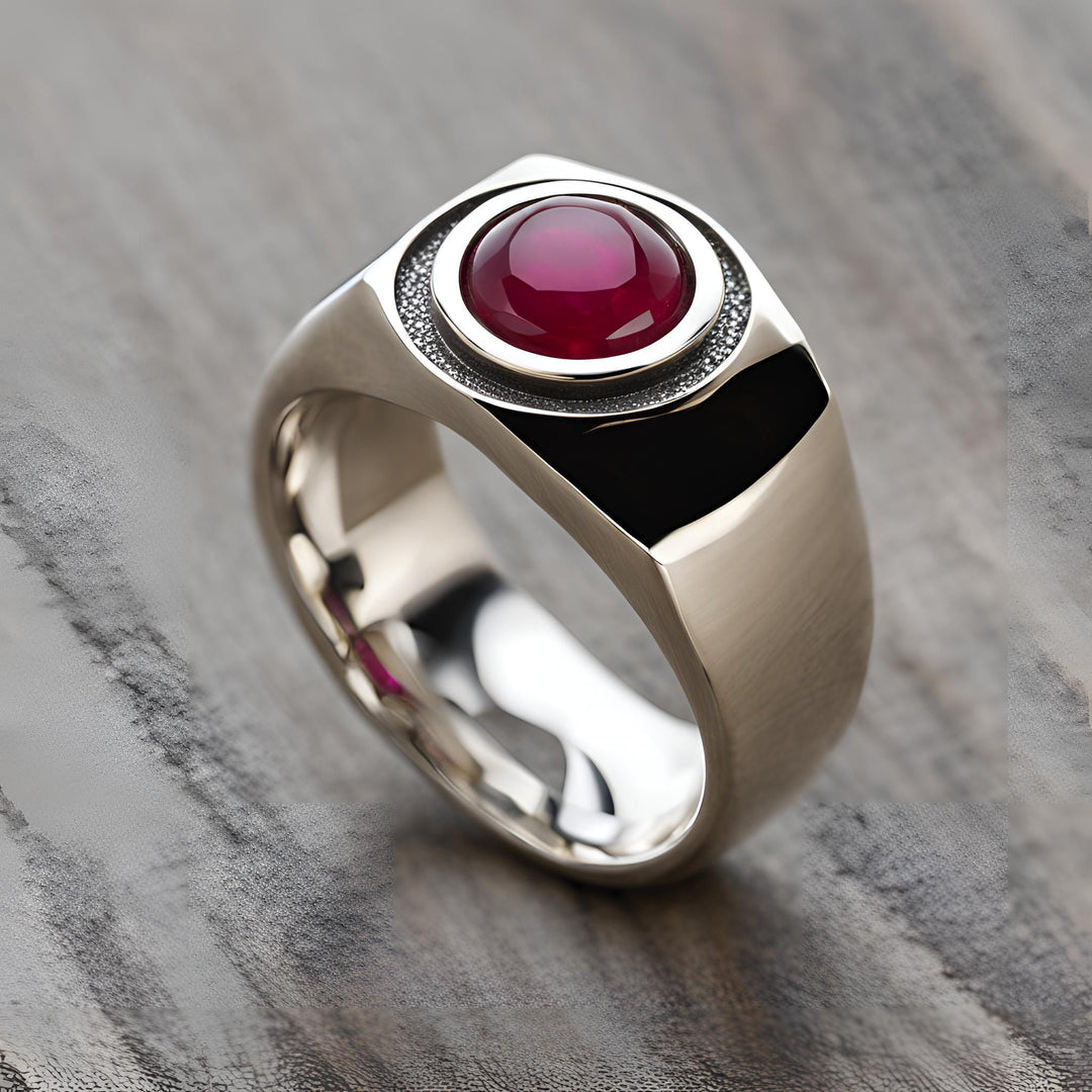 A round ruby ring in white gold with a contemporary asymmetrical design and unique double bezel from Rare Earth Jewelry.