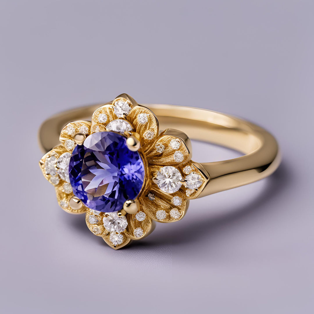 A round natural tanzanite ring with diamonds in a flower shaped setting in 18K Yellow Gold from Rare Earth Jewelry.