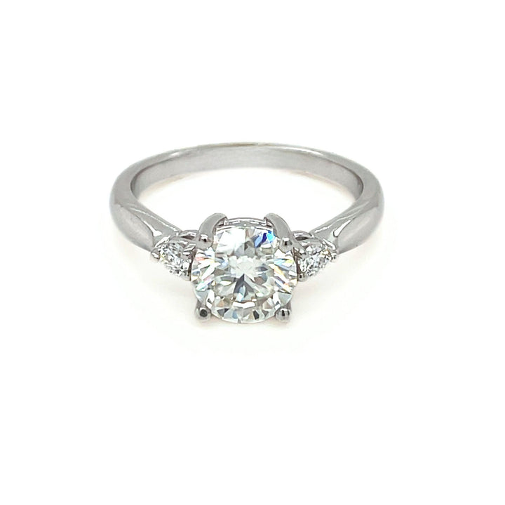 round three stone lab created engagement ring in white gold