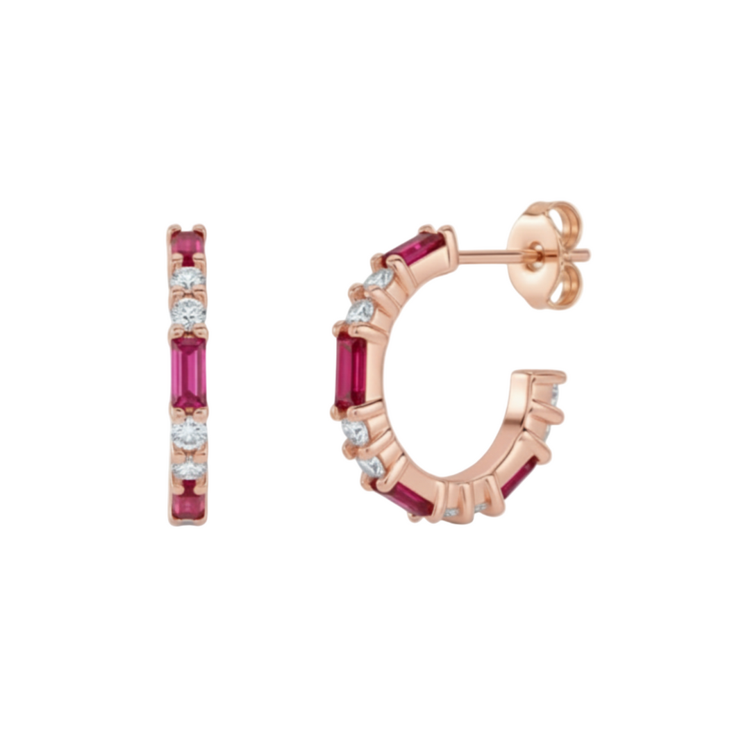 Ruby and Diamond Hoop Earrings in 14K Rose Gold, July Birthstone Earrings, Red Gemstone Hoops | Rare Earth Jewelry