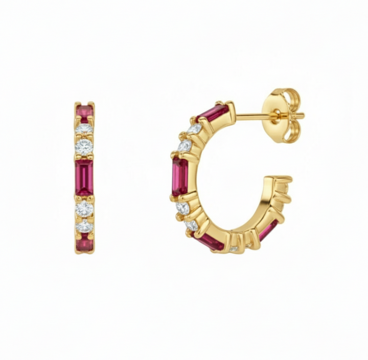 14K Ruby and Diamond Hoop Earrings in Yellow Gold with alternating Ruby baguettes and round Diamonds, July Birthstone Hoops | Rare Earth Jewelry