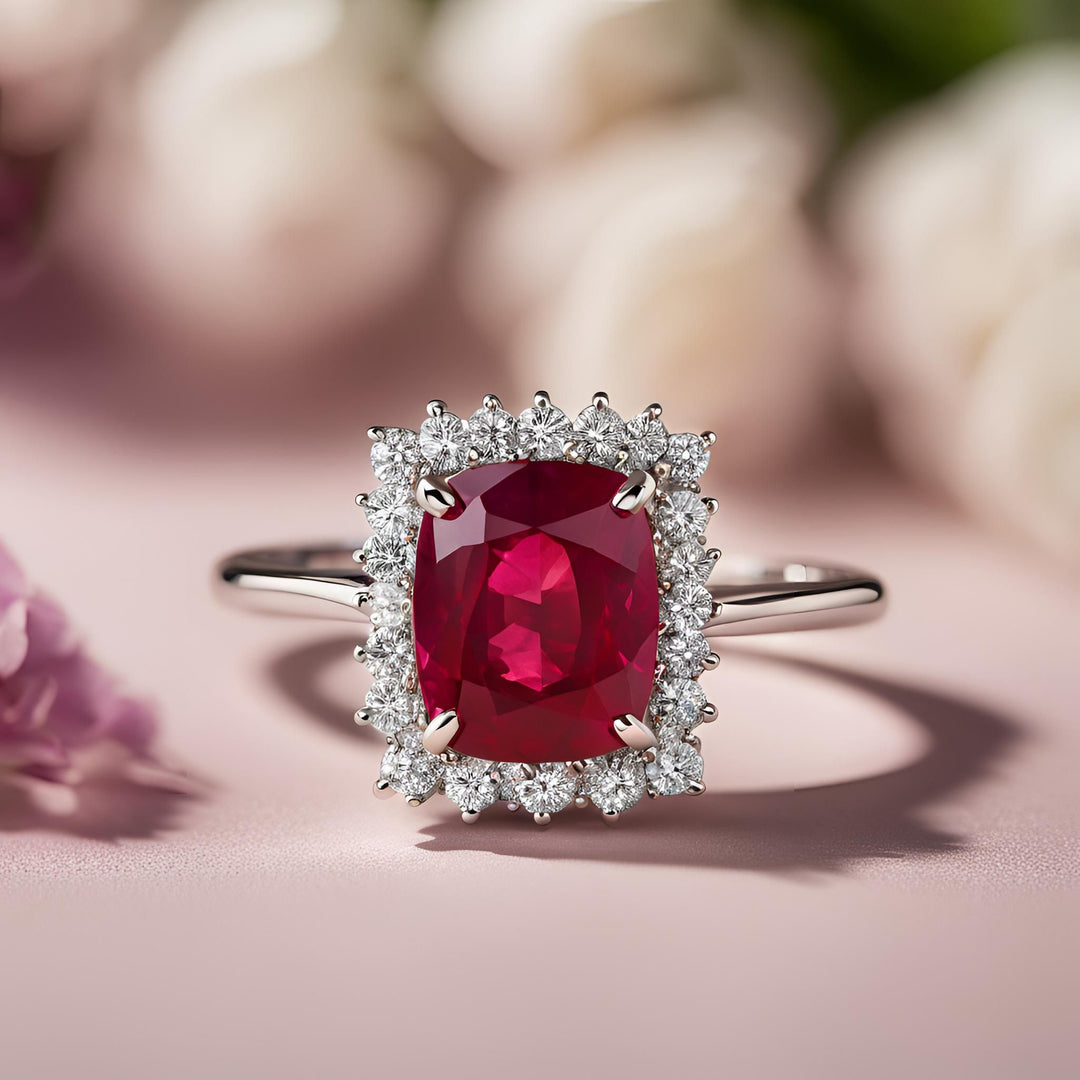 A Ruby cushion engagement ring with diamonds surrounding it in a vintage style halo from Rare Earth Jewelry.