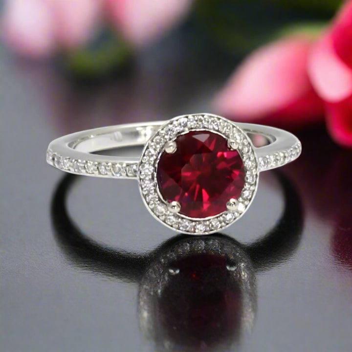 Round Ruby Engagement Ring with Diamond Halo, Ruby and Diamond Ring in 14K or 18K Gold and Platinum | Rare Earth Jewelry