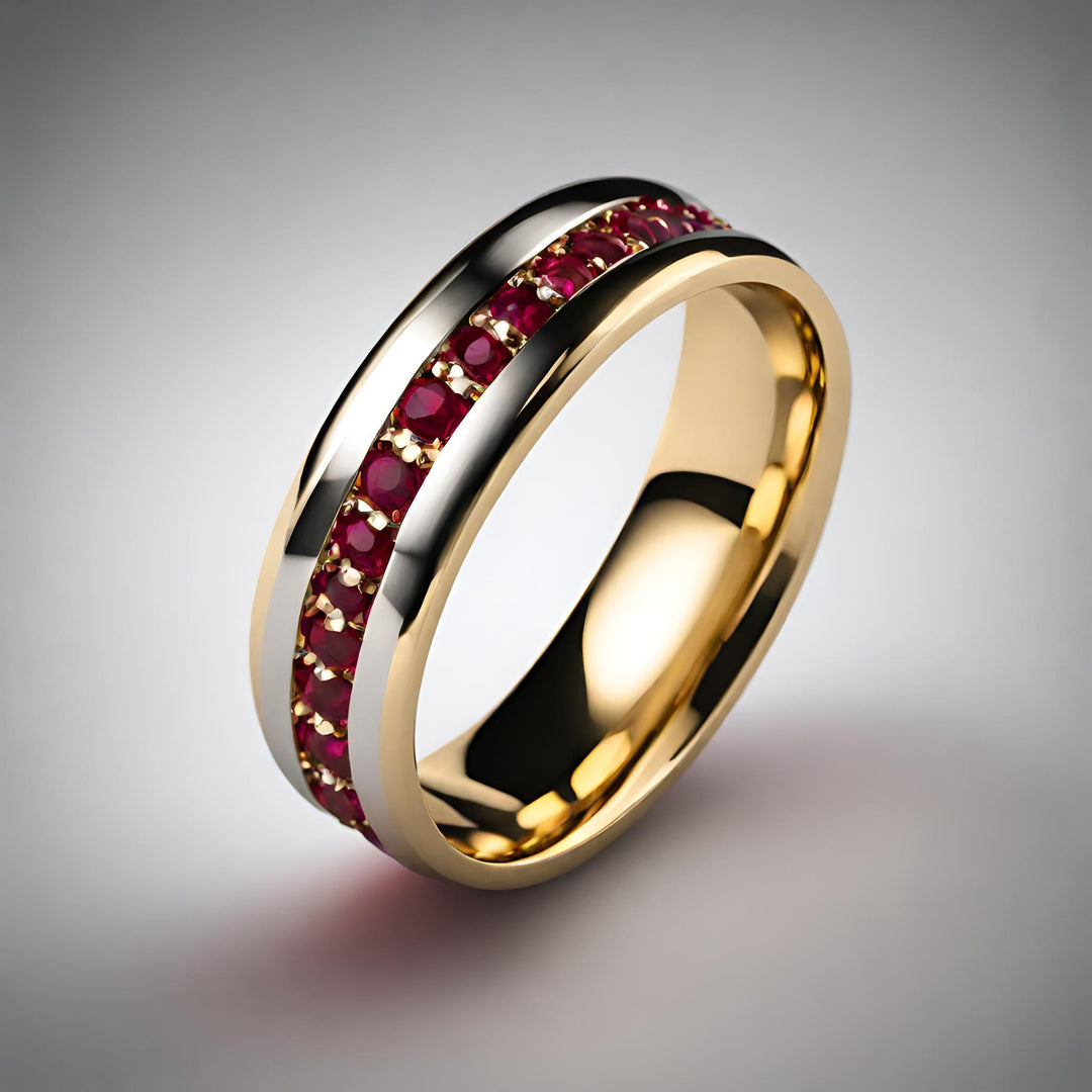 A ruby wedding band in 14K Gold with rubies encircling the entire band, unisex mens or womens ring from Rare Earth Jewelry.