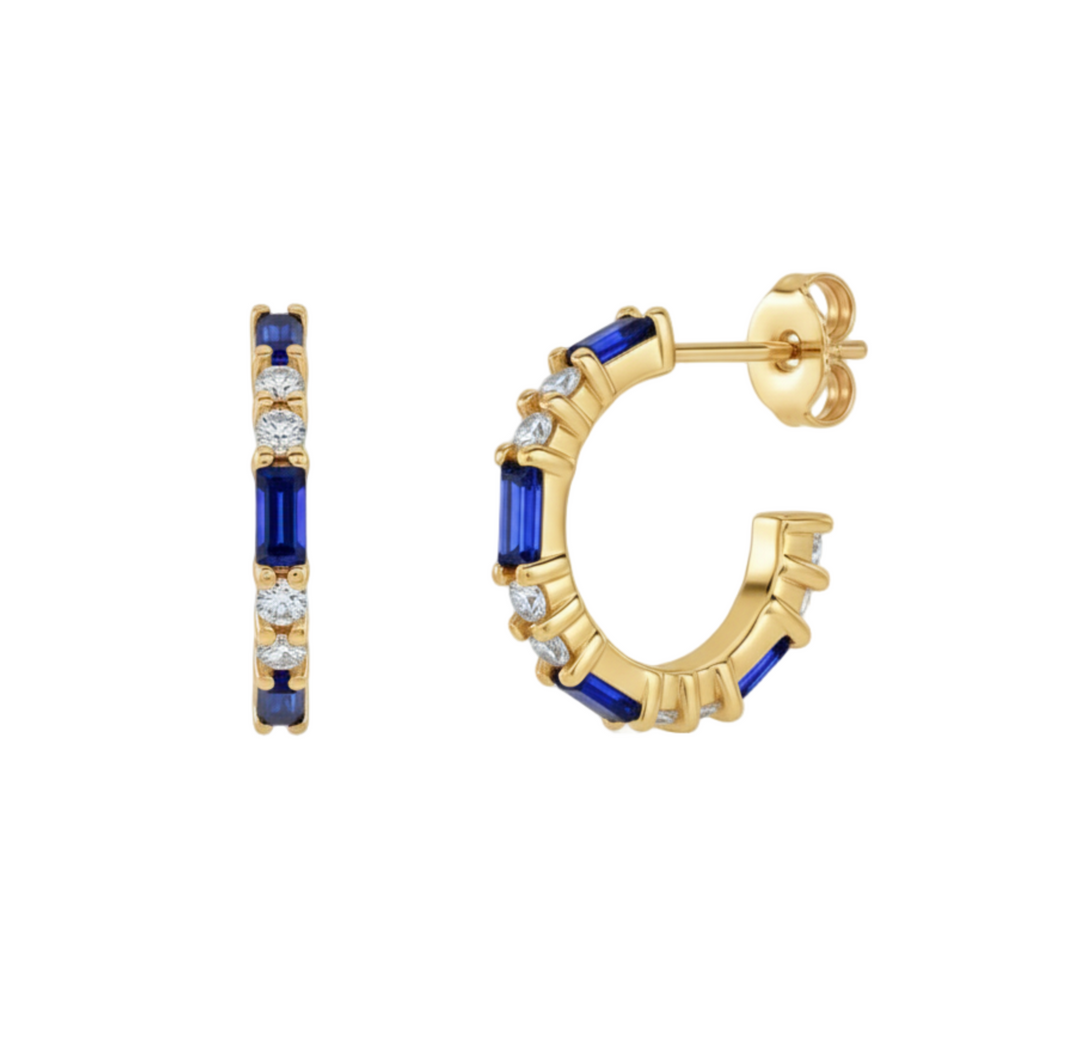 14K sapphire and diamond hoop earrings with alternating baguette cut sapphires and round diamonds, September birthstone earrings in 14K Yellow Gold | Rare Earth Jewelry