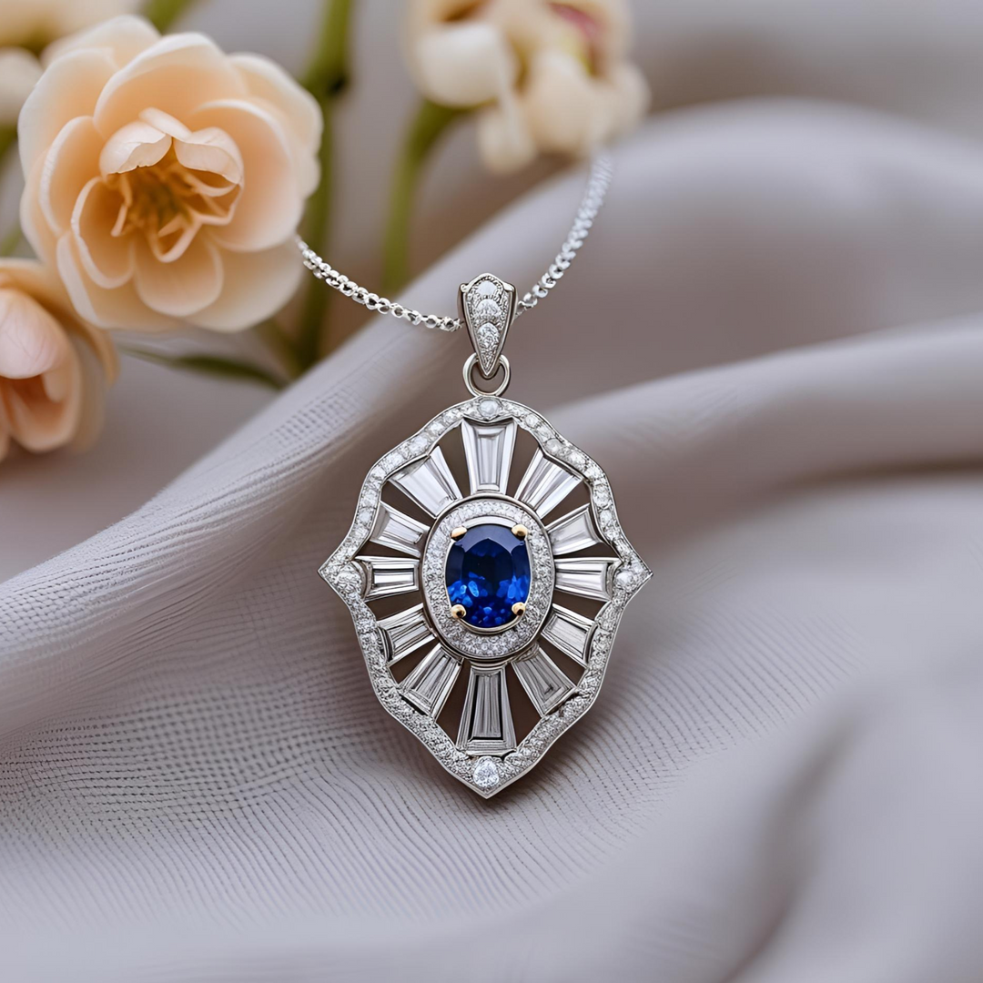 Sapphire pendant with diamond baguettes, vintage-inspired sapphire necklace, blue sapphire and diamond pendant. Custom Sapphire Jewelry | Rare Earth Jewelry