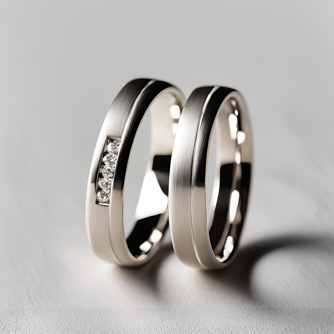 A pair of flat grooved wedding rings with diamonds and a matte and shiny finish in gold or platinum from Rare Earth Jewelry.