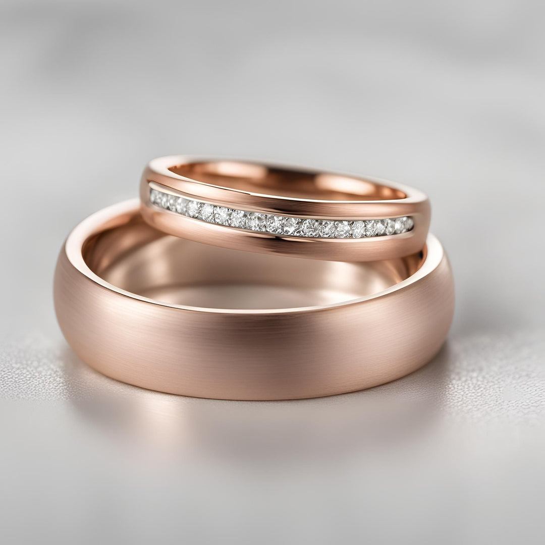 A pair of his and hers rose gold wedding bands with satin finish and diamonds from Rare Earth Jewelry.