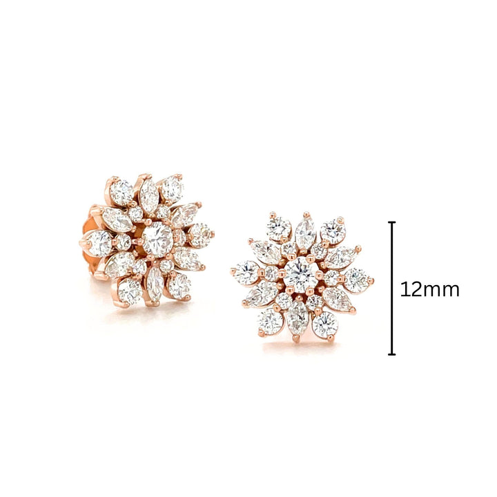 14K Diamond Snowflake Earrings 1CTW Lab Grown or Natural Diamond Studs - Rare Earth Jewelry