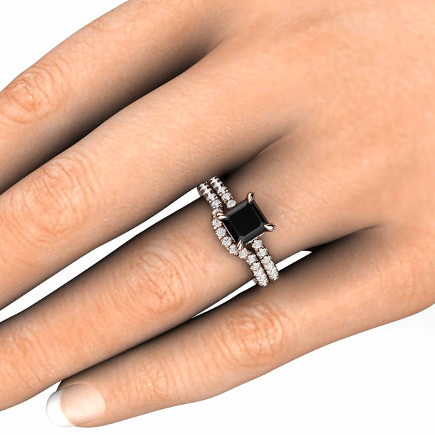 Square Black Diamond engagement ring and matching wedding band. Bridal set on the finger.