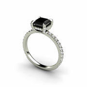 Square Black Diamond ring, French pave diamond solitaire engagement ring in white gold.