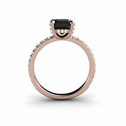 Square Black Diamond solitaire ring with pave set diamonds and diamond gallery in Rose Gold.