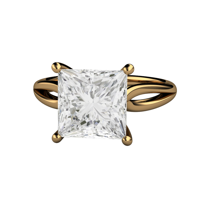 Square Moissanite Engagement Ring in 18K Yellow Gold, 3 Carat Princess Cut Forever One Moissanite Solitaire with Double Band Design | Rare Earth Jewelry