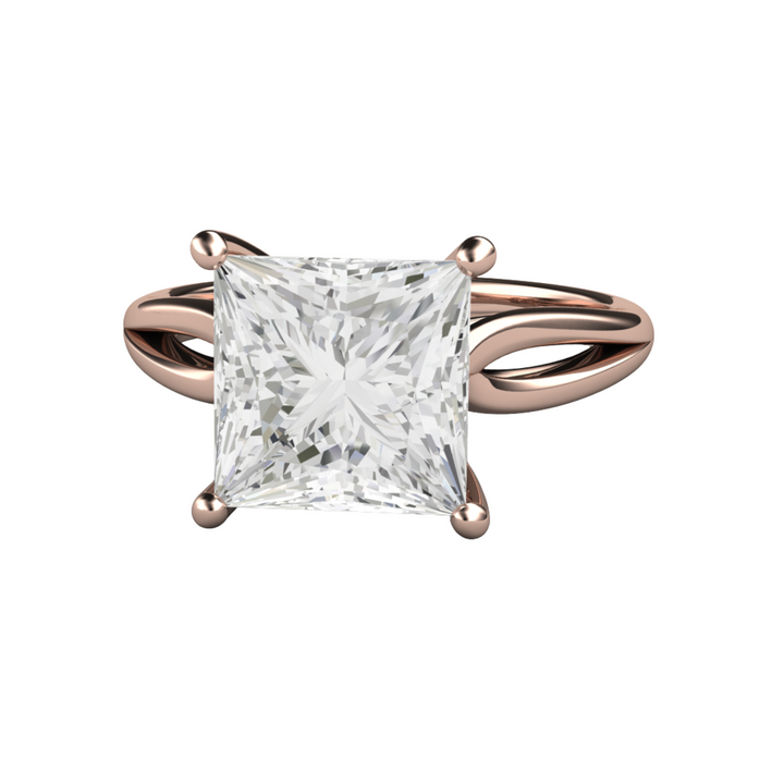 Square Moissanite Engagement Ring in 18K Rose Gold, 8mm 3ct Princess Cut Forever One Moissanite Solitaire Ring with Split Shank Design | Rare Earth Jewelry